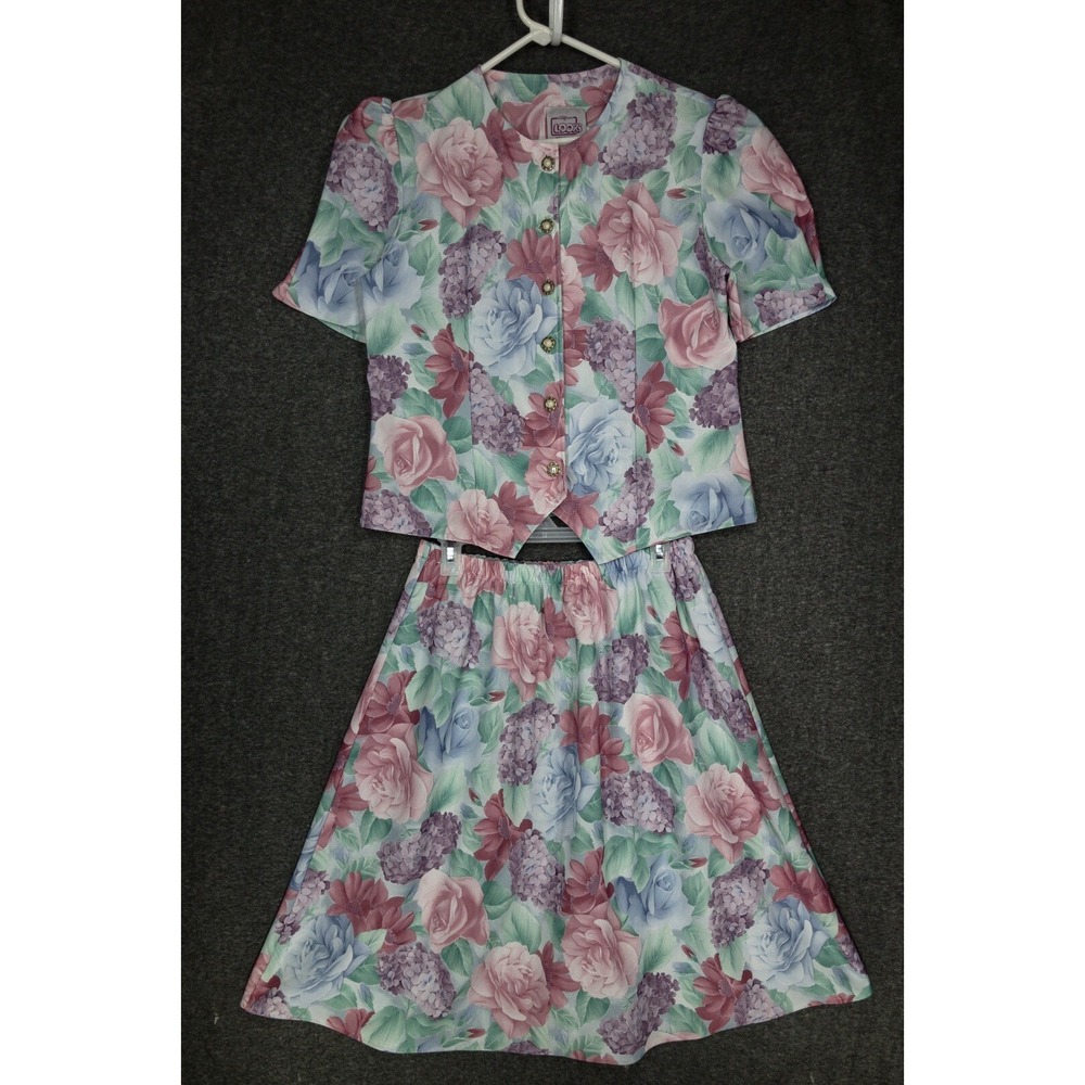 Vintage California Looks Pastel Floral Button Down Top and Skirt Set Women's 10P